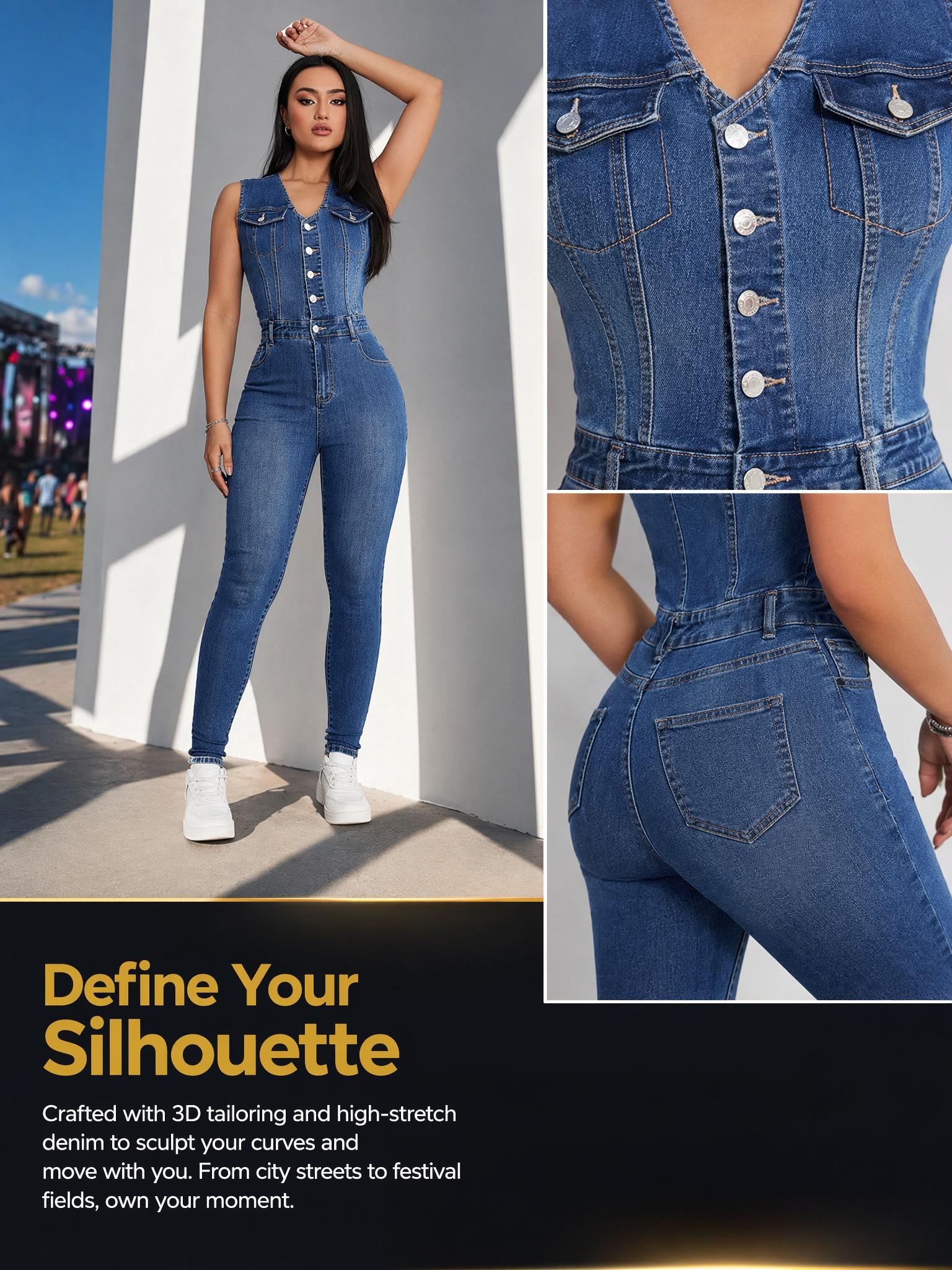 Women's Sleeveless Denim Overall Jumpsuit, Summer Essential, American Style High Waist Elastic Butt-Lifting Skinny Fit, Streetwear for Casual Outing and Music Festival