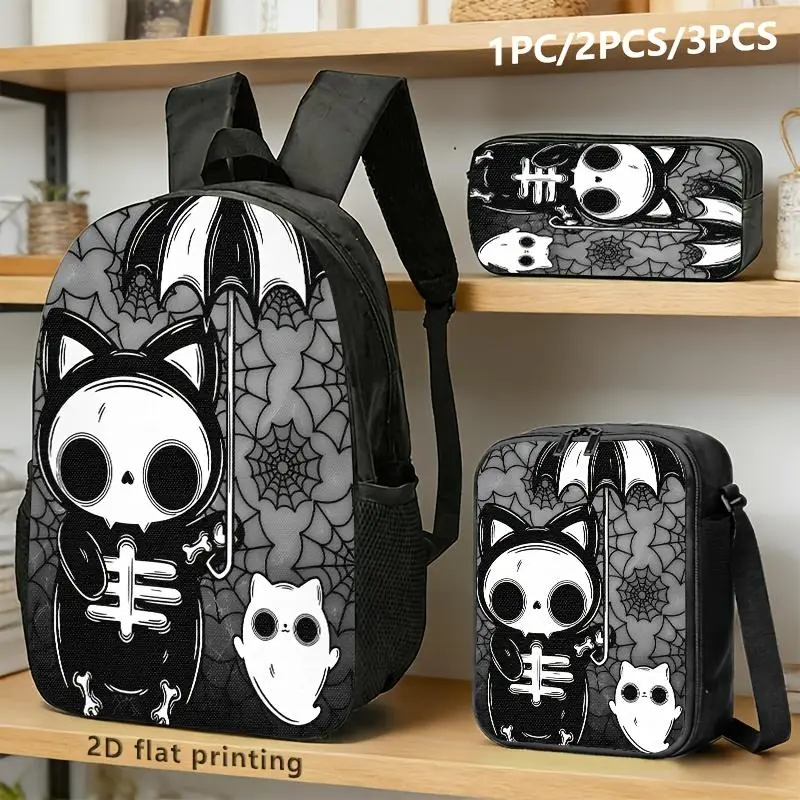 Gothic Cute Skull Cat & Bat 2D Flat Print Backpack-Shoulder Bag Combo, 1PC/2PC/3PC, Black-White-Gray Spider Web Design, Waterproof Preppy Casual Functional Bag for Young Trendsetters' Daily Use