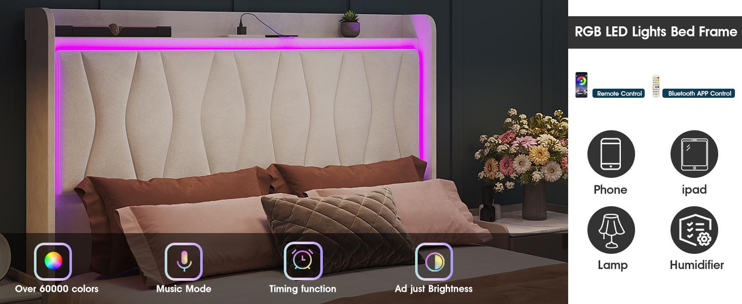 Vabches Bed Frame with LED Light and 3 Drawers Storage, Upholstered Velvet Platform Bed Frame with Charging Station, Wingback Tall Headboard, No Box Spring Needed