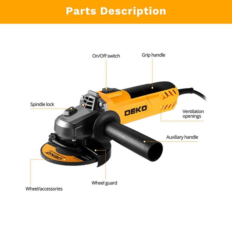 DEKO 110V Angle Grinder, 12,000 RPM, 7.5A, Ideal for Sanding, Grinding, Cutting, Professional Electric Tool. Portable Handle Heavy Duty Industrial