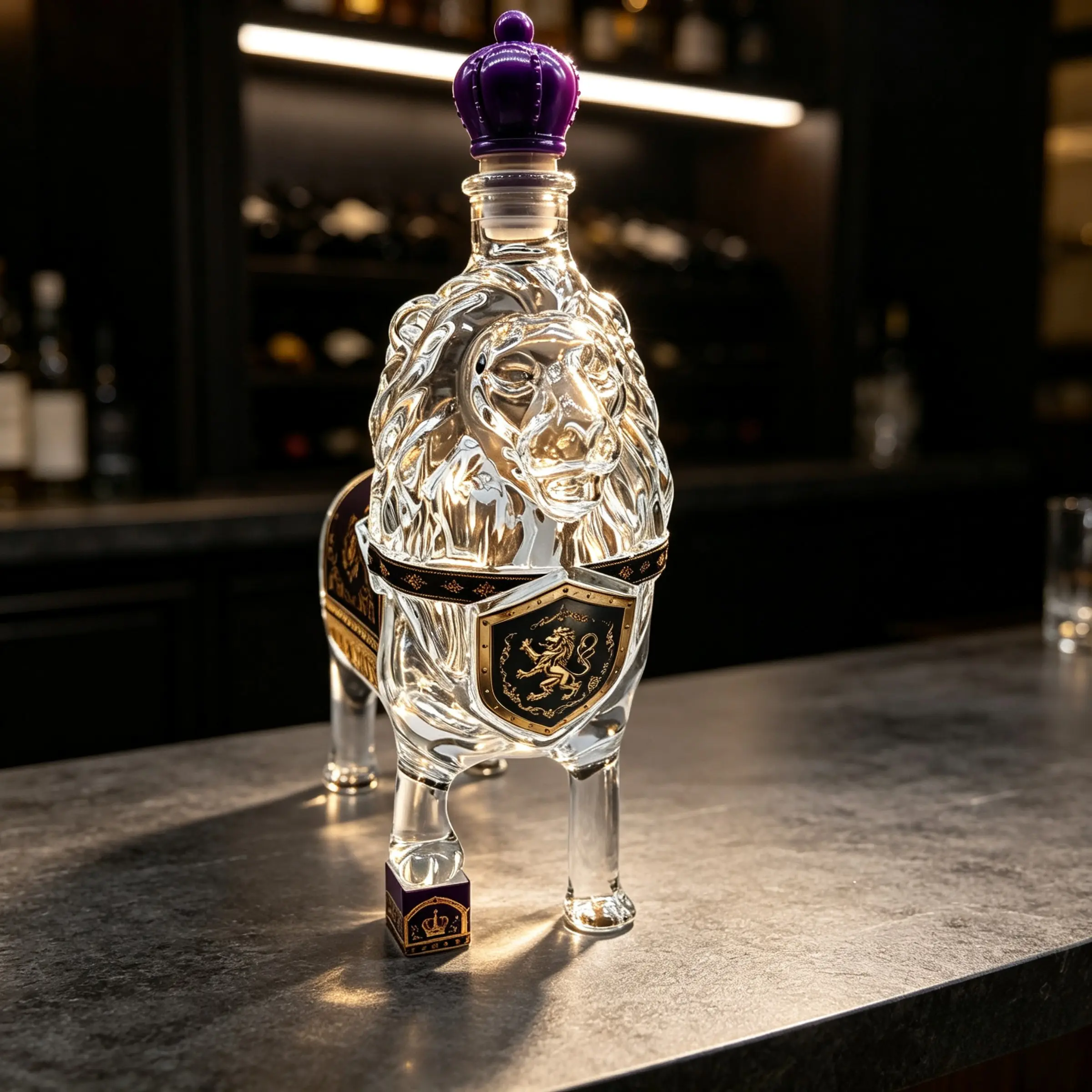 Crown Lion‑Shaped Glass Decanter Bottle, decorative empty liquor glass bottle, royal lion figure whiskey container, unique home bar display ornament, art glass craft piece, Artistic flair, for liquor storage, table display and premium gift