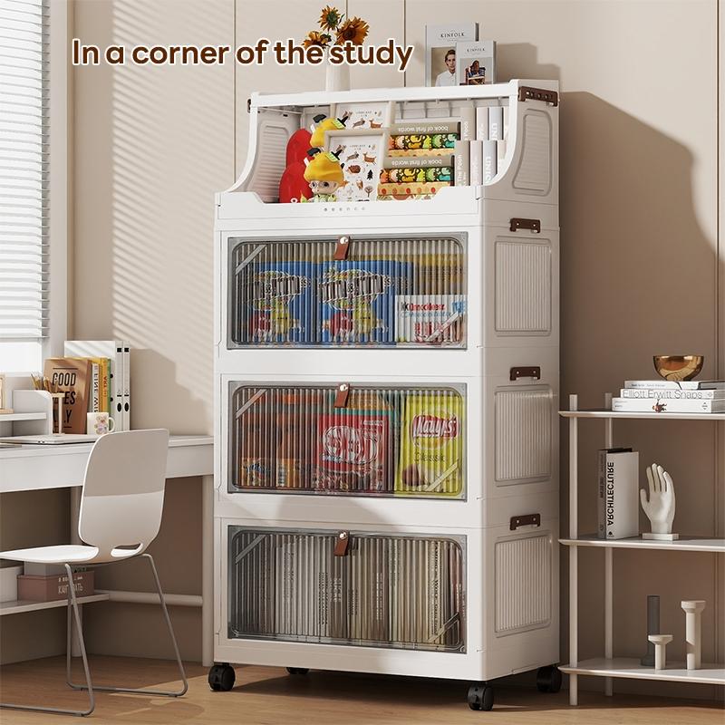 Transparent Flip Cover Storage Cabinet, Plastic Home Organizer, Space-Saving, Mobile with Wheels, Durable and Stylish, 2-6 Layers Optional
