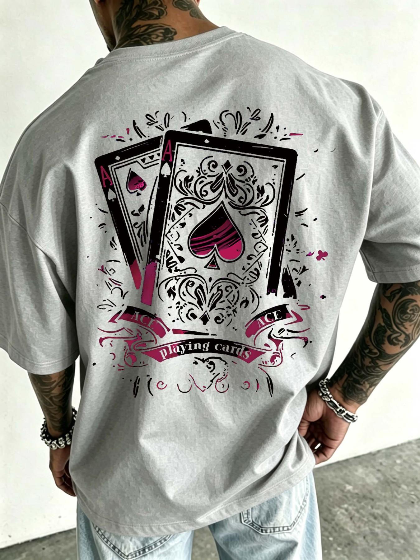 Oversized Spade Pattern T-shirt for Men, 2026 Summer Street Style Poker Printed T-shirt, Retro Y2K Harajuku Casual Cotton Top, Hip Hop Street Style Short Sleeve, Casual Daily Wear