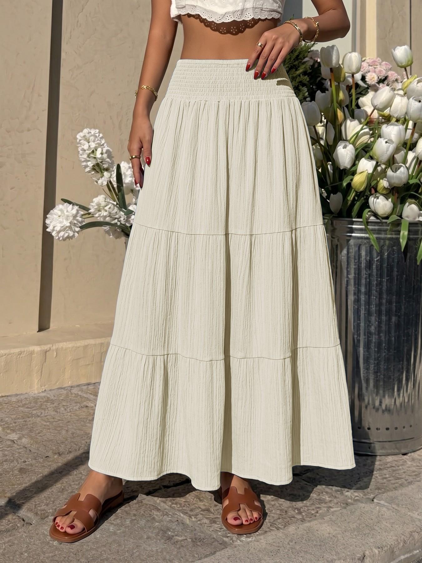 Elastic High-Waisted Casual Drawstring Midi Skirt for Women, Summer Fashion, Comfortable and Stylish, Perfect for Daily Wear, Everyday