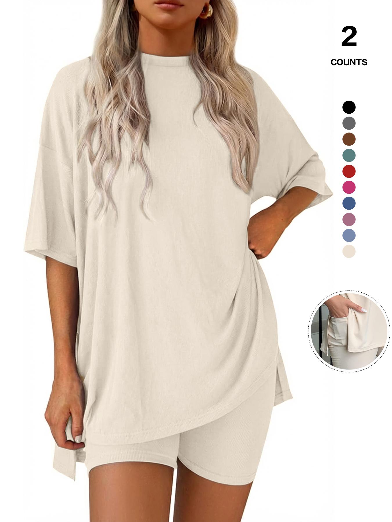 Women's Solid Color Tee & Skinny Elastic Shorts Loungewear Set, Comfortable Round Neck T-Shirt & Shorts, Perfect for Summer Sleepwear