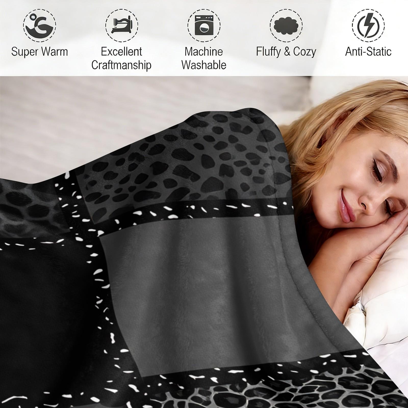 Dark Y2K Leopard Spliced Print Flannel Throw Blanket, Lightweight, Soft And Breathable, Cozy Throw Blankets. Black-Gray Cheetah Print Works For Sofas, Dorms, Travel And Camping. Delivers Cool Personal Charm, Trendy All-Season Blanket