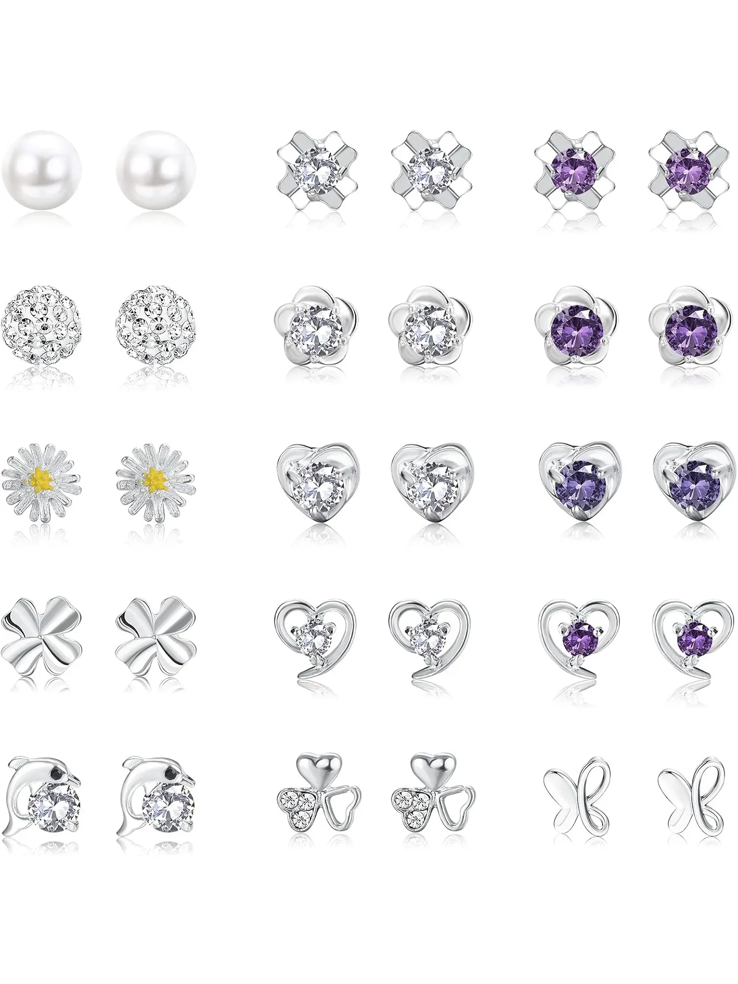 15 Pairs 925 Sterling Silver Post Stud Earrings Set, Earring Stacking Set, for Women & Teen Girls, Hypoallergenic for Sensitive Ears, Pearl CZ Crystal Heart Butterfly Studs, Stackable Ear Jewelry for Daily Wear, Date, Party, Birthday & Holiday Gifts