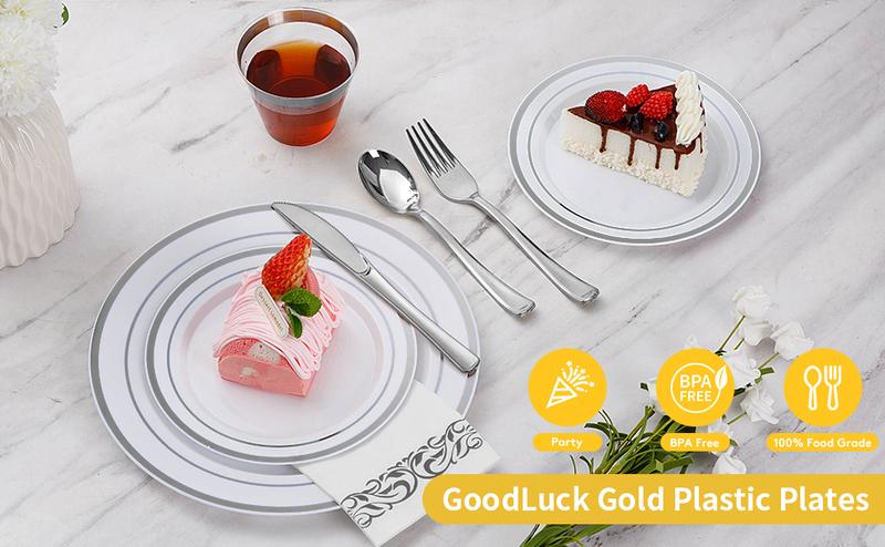 Goodluck 350PCS Silver Plastic Dinnerware Set for 50 Guests Includes 50 Dinner Plates 50 Dessert Plates 50 PreRolled Napkins with Silverware 50 Cups Perfect for Weddings Parties Baby Showers Christmas Disposable