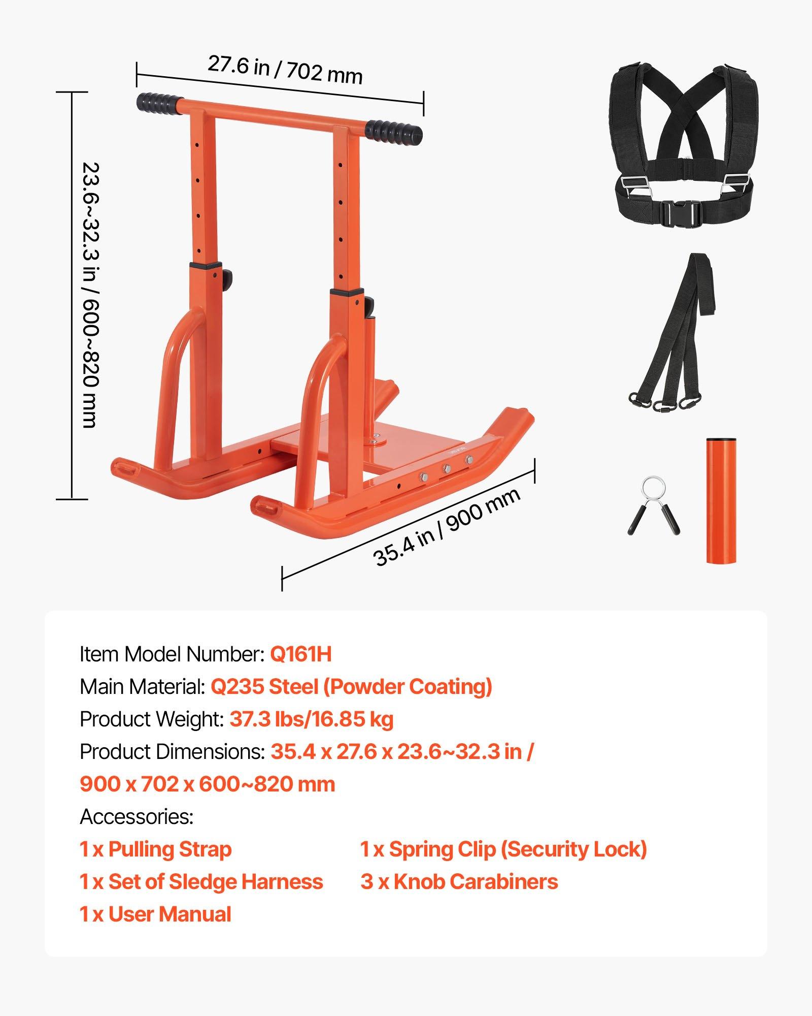 VEVOR Weight Sled, Steel Power Sled, Fitness Training Sleds for Athletic Exercise Speed Improvement, Workout Equipment with Adjustable Height Handle, Compatible with 1/2 in Weight Plates, Orange
