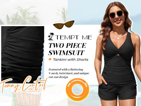 Tempt Me Women Tankini Swimsuit with Shorts - Two Piece Tummy Control Bathing Suit Twist Knot Swimwear 2026 with Pockets