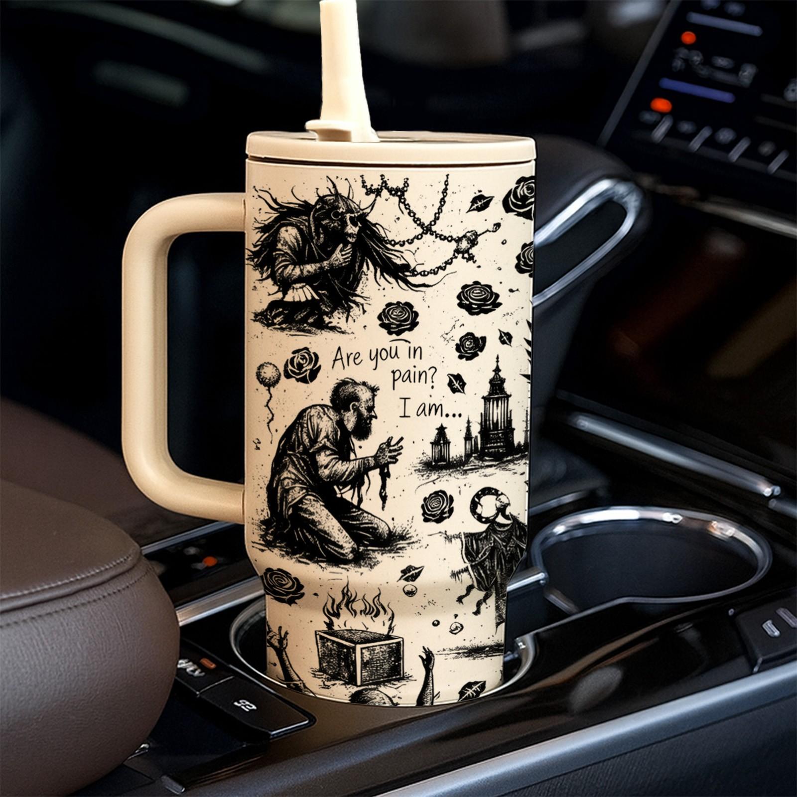 40oz Dark Angel Gothic Tumbler, Black White Rock Art Insulated Mug with Handle and Straw, Unique Statement Cup, Perfect Gift for Rock Fans, Metal Music Lovers and Alternative Style Friends