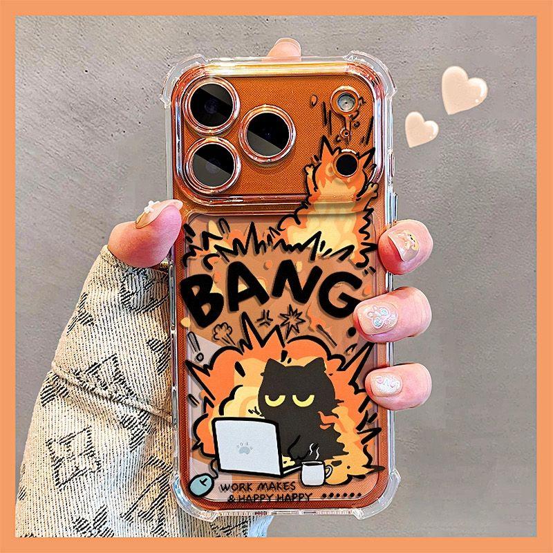 Cartoon Bang Explosion Cat Phone Case with Lens Film, Shockproof, Compatible with iPhone 17/17 Pro Max, Student Girls' Heart Style