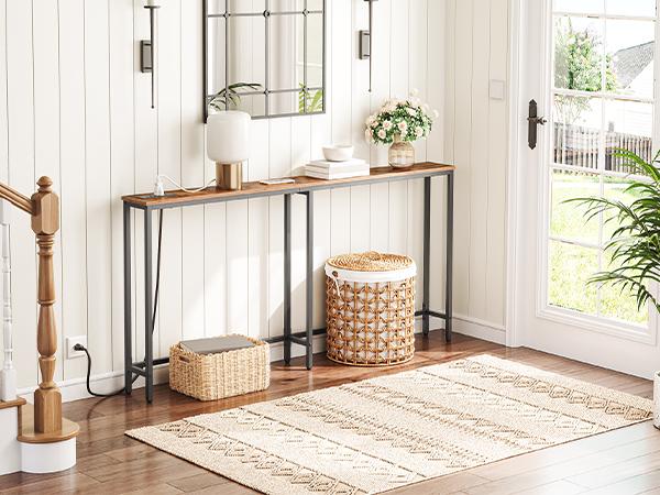 HOOBRO 63" Sofa Table with Charging Station，Narrow Console Table with Power Outlets, 5.9" Skinny Console Table, Slim Entryway Table