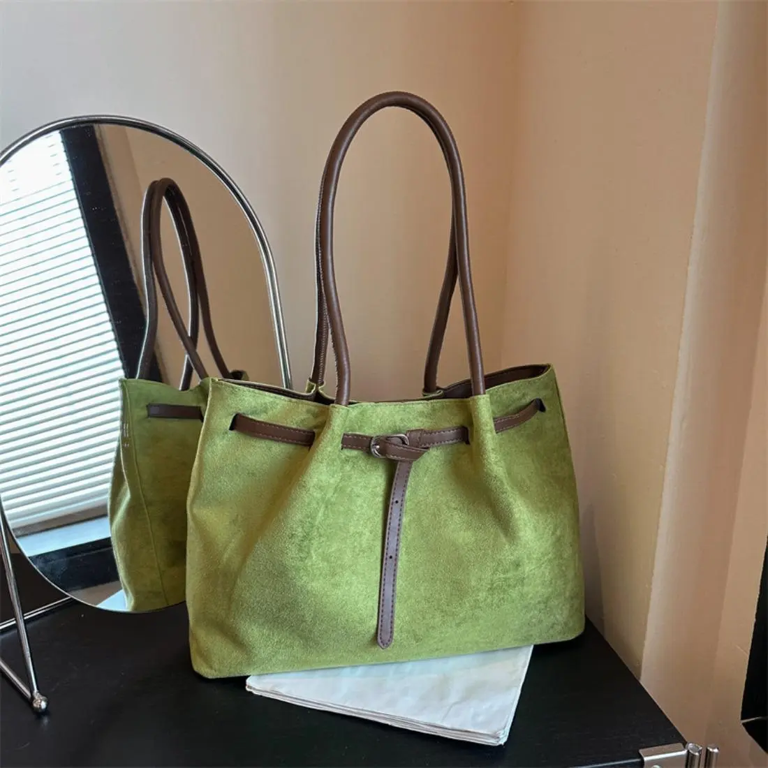 Women's Vintage Suede Shoulder Bag - Minimalist Solid Color Finish Tote with Clean Lines, Soft Texture, Large Capacity, Effortless Match, Function and Style for Work/Travel, Spacious