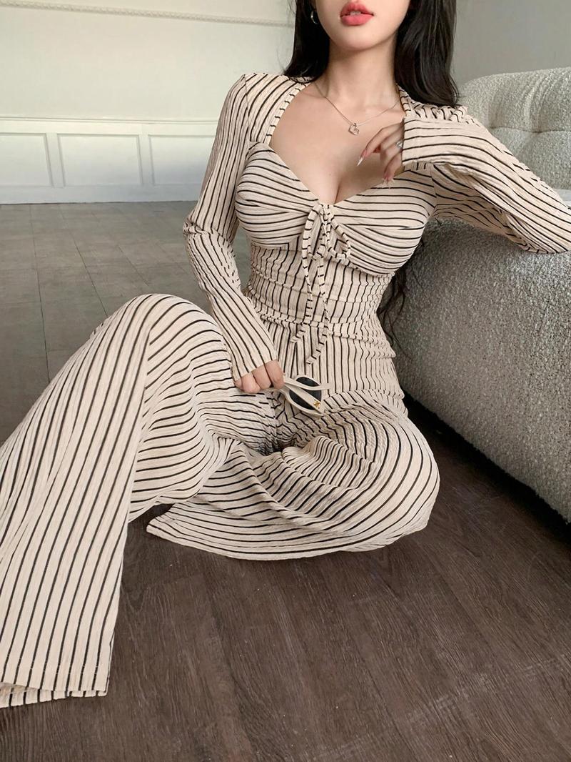 Sexy Twist Hem Asymmetrical Long Sleeve Top & Wide Leg Pants Set, Casual Loungewear Set, Striped Jacquard Fabric, Fashionable Young Girls, Fall Winter New Women's Clothing