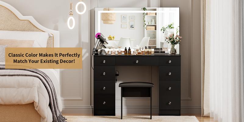 VOWNER Makeup Vanity Desk Table with Lighted Mirror,Power Outlet and 9 Drawers,Come with Soft Cushioned Stool