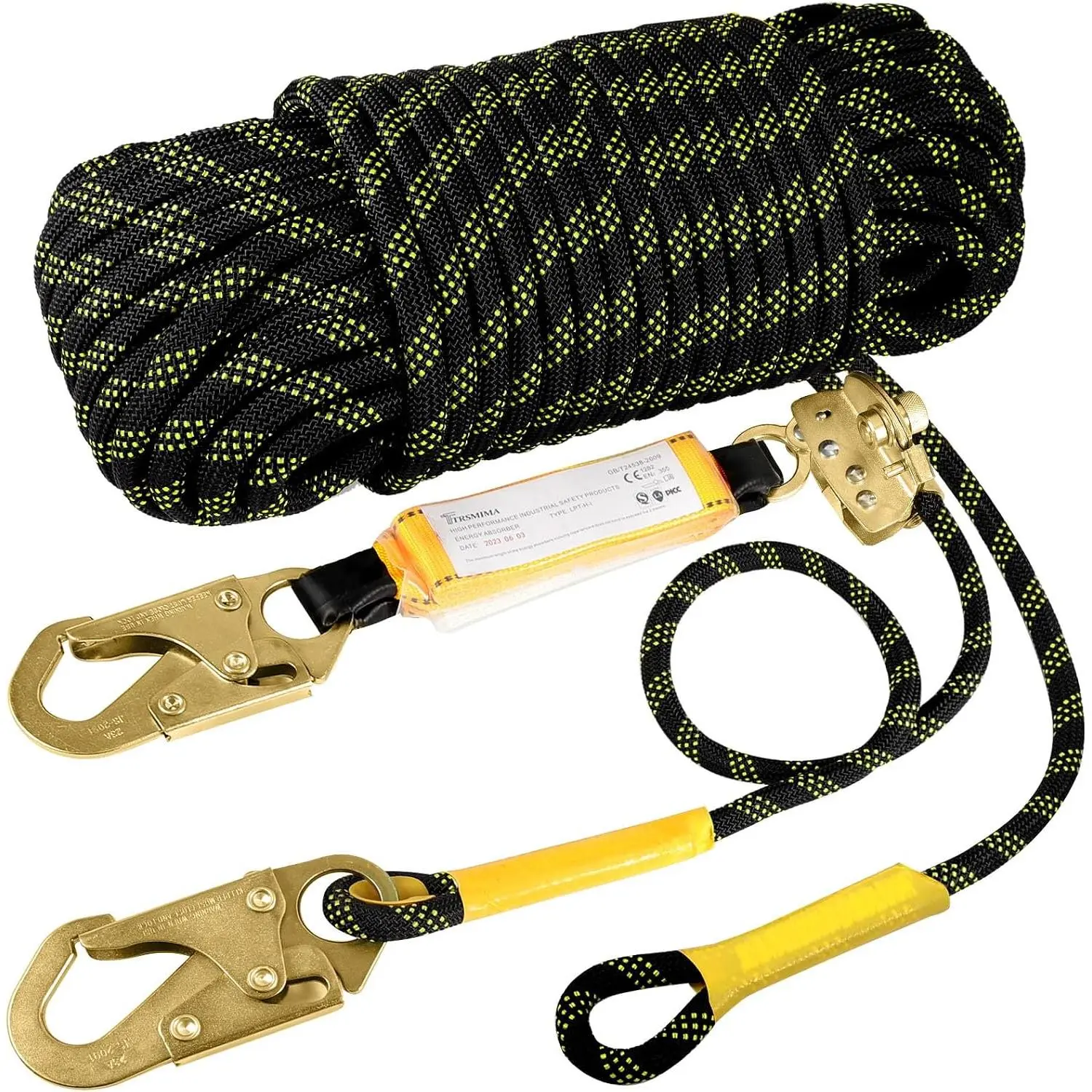 Rope Harness Safety Lanyard:50ft Roofing Rope Fall Protection| Vertical Safety Harness Rope With Grab Snap Shock - Tree Climbing Line Kit Duty Safety Equipment ANSI CE