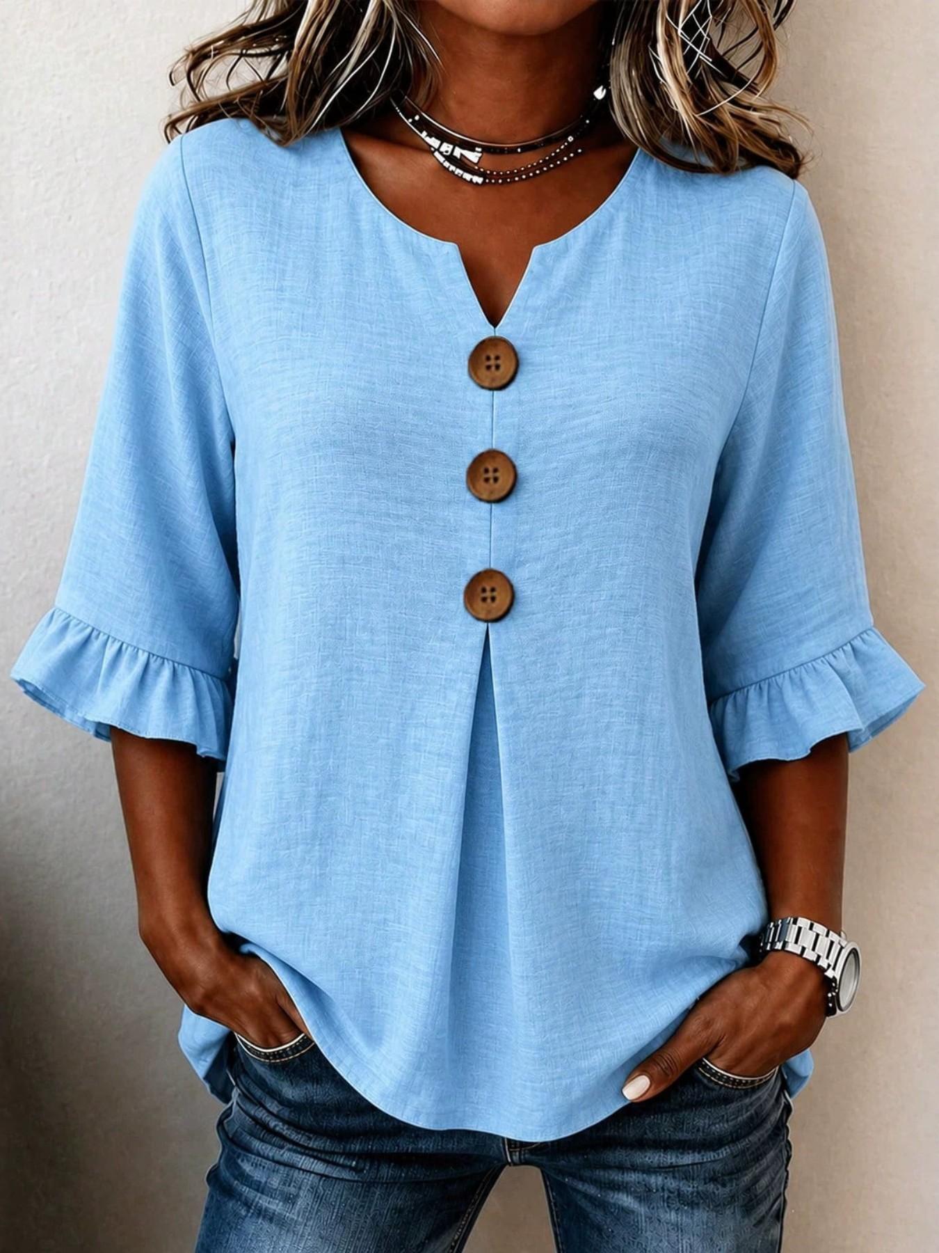 Women's Plus Size Solid V-Neck Shirt, Loose-Fitting Ruffle Sleeve Button-Up Top, Casual Vacation Wear, European and American Style