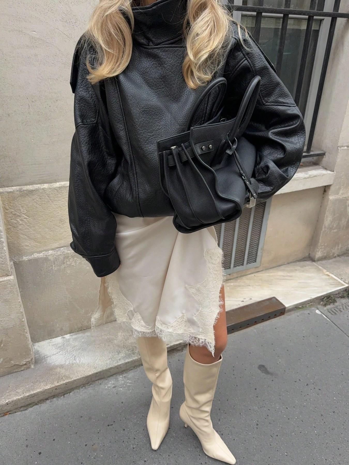 Spring/Autumn New Women's Loose Oversized European And American Style Fashion Minimalist Versatile Jacket Premium Faux Leather Coat Black