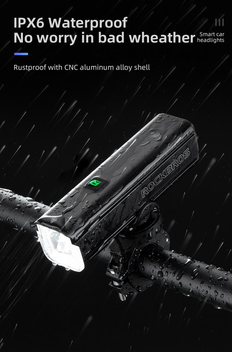 ROCKBROS 1500 Lumens Bike Light for Night Riding, 5000mAh USB-C Rechargeable Bike Headlight, Aluminium Alloy IPX6 Waterproof Bike Front Light, 5 Modes & Auto Mode Anti-Dazzling LED Bike Light