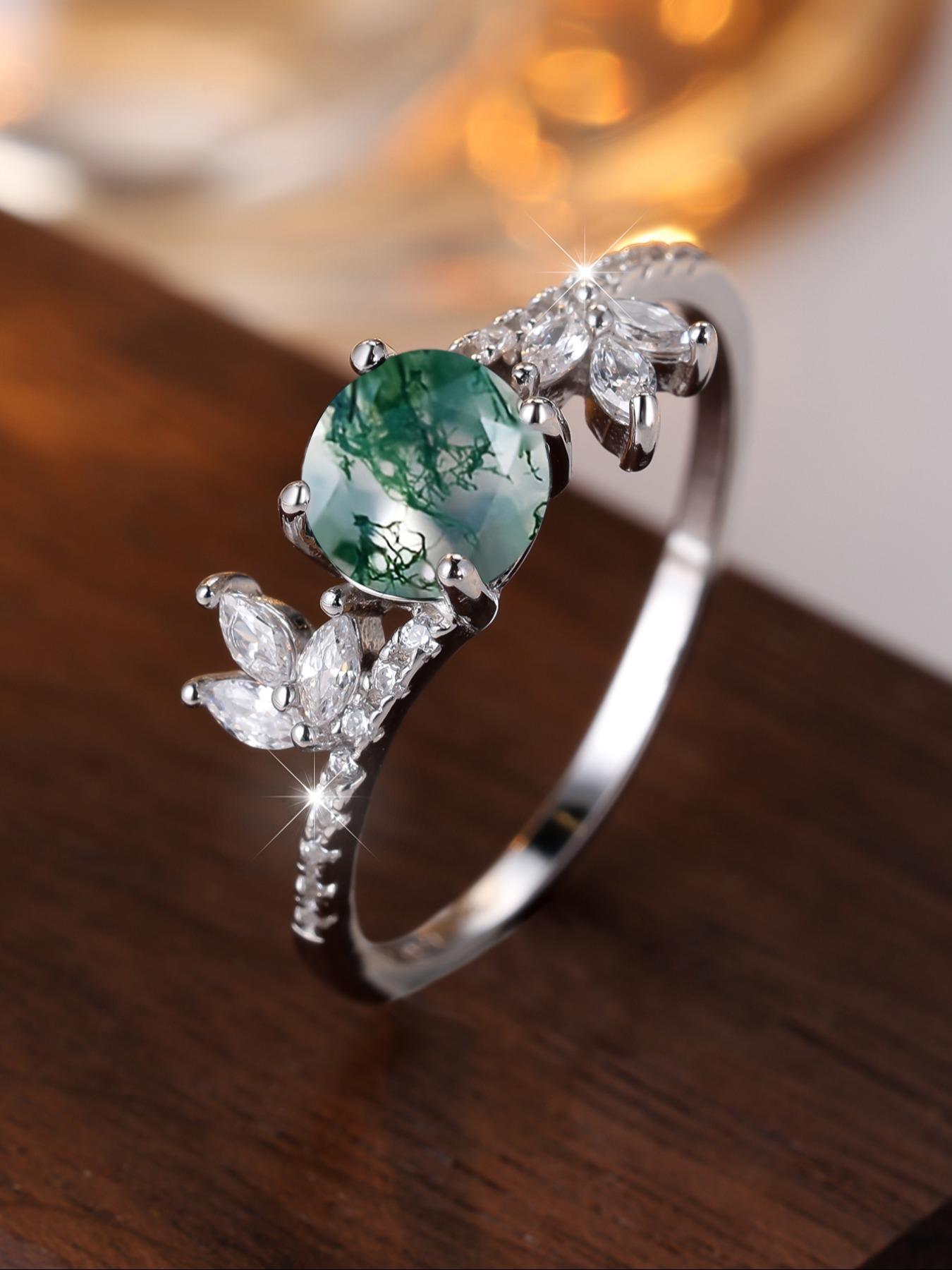 S925 Sterling Silver Ring with Seaweed Agate Inlay, Cuff Design Stackable Promise Rings for Women & Girls（with Box）