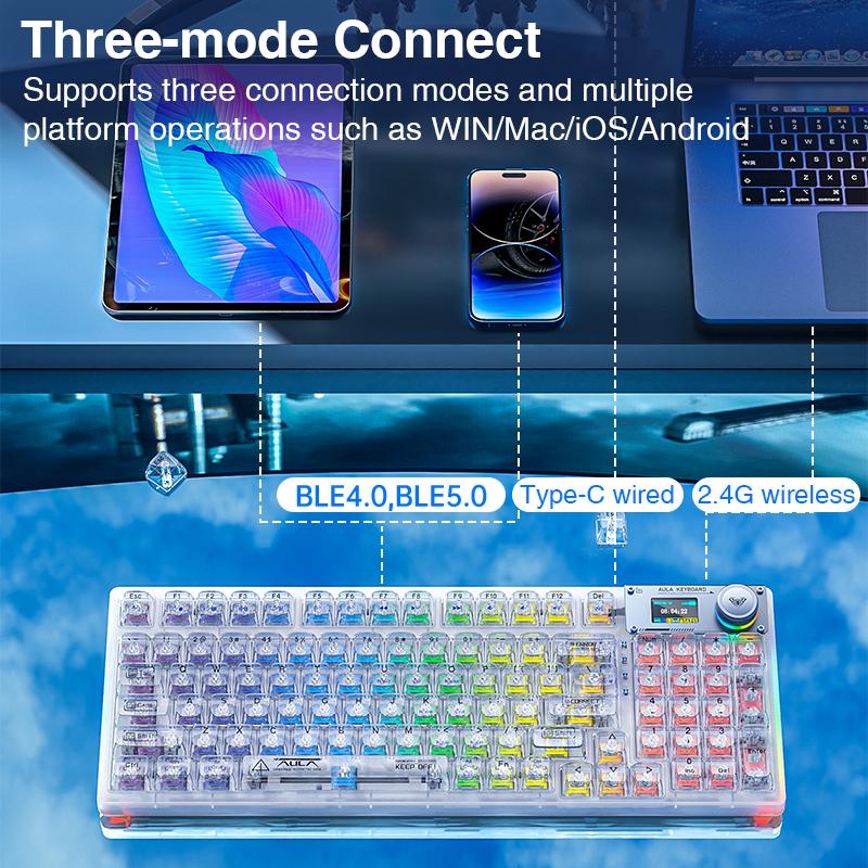 AULA F98 Pro Wireless Translucent Mechanical Rechargeable Gaming Keyboard, OLED Screen Knob Control, Hot Swappable Gasket Structure, RGB Backlit Tri-Mode Connection, Office Bluetooth Creamy Budget Keyboard Computer PC Accessory  TikTokShopfalldealsforyou