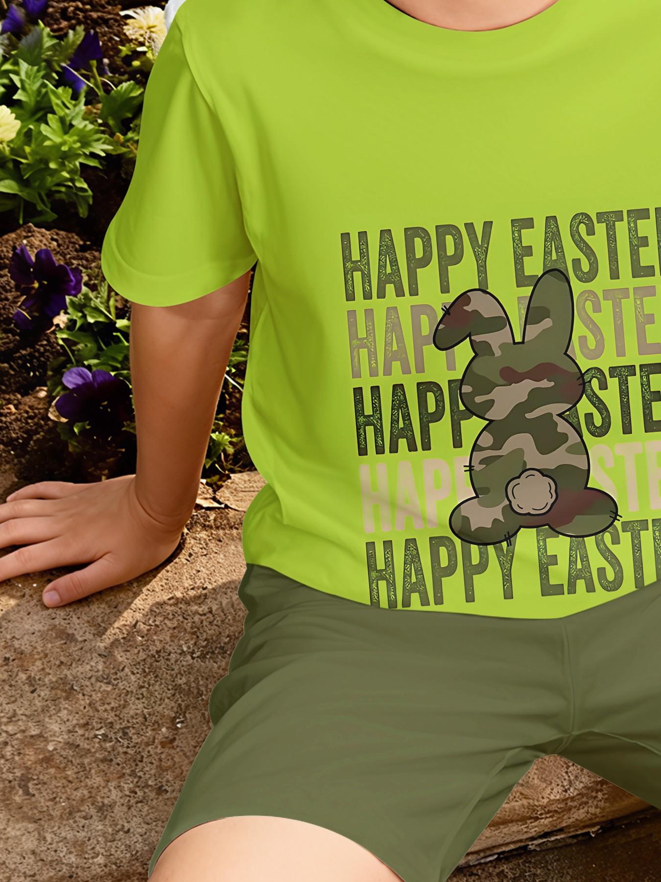 Fluorescent Green Camouflage Rabbit HAPPY EASTER Two-Piece Short Sleeve and Shorts Set, 100% Polyester Casual Loose Outfit, Summer Fun Printed Pattern, Outdoor Sports T-Shirt Set, Perfect Gift for Boys