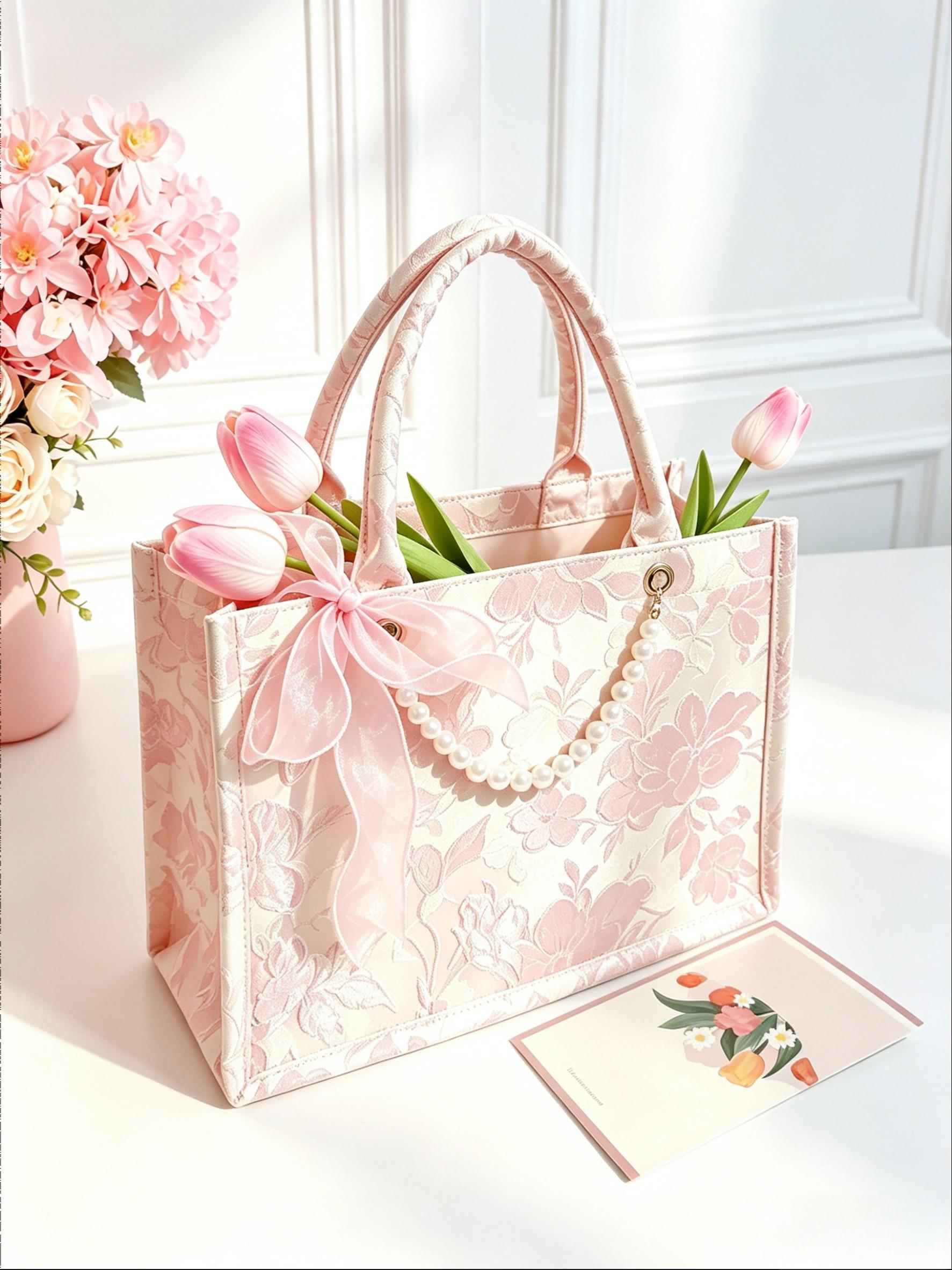 1 Set Exquisite Embroidered Gift Handbag Set with Ribbon, Tulip & Card | Vintage Floral Design Party Souvenir | Professional Gift Packaging for Festivals & Celebrations