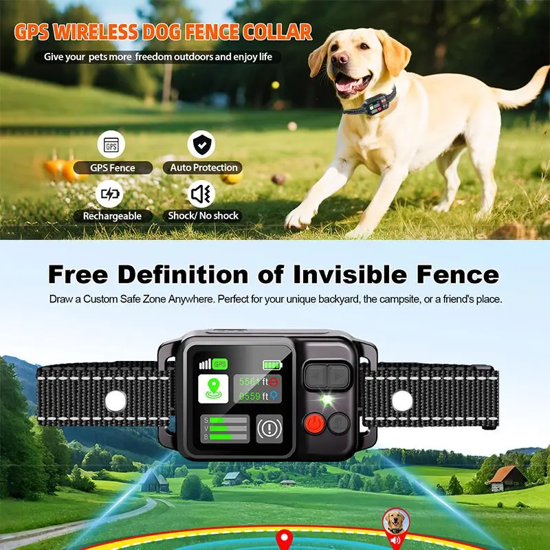 GPS Wireless Dog Fence Training Aid - Nylon Strap Components, Chew-Resistant, 2026 New Model, 3 Safe Training Modes, 49-6561 FT Adjustable Radius, No Hidden Wires, Boundary Alert, GPS Tracking, Rechargeable Collar for Outdoor Play