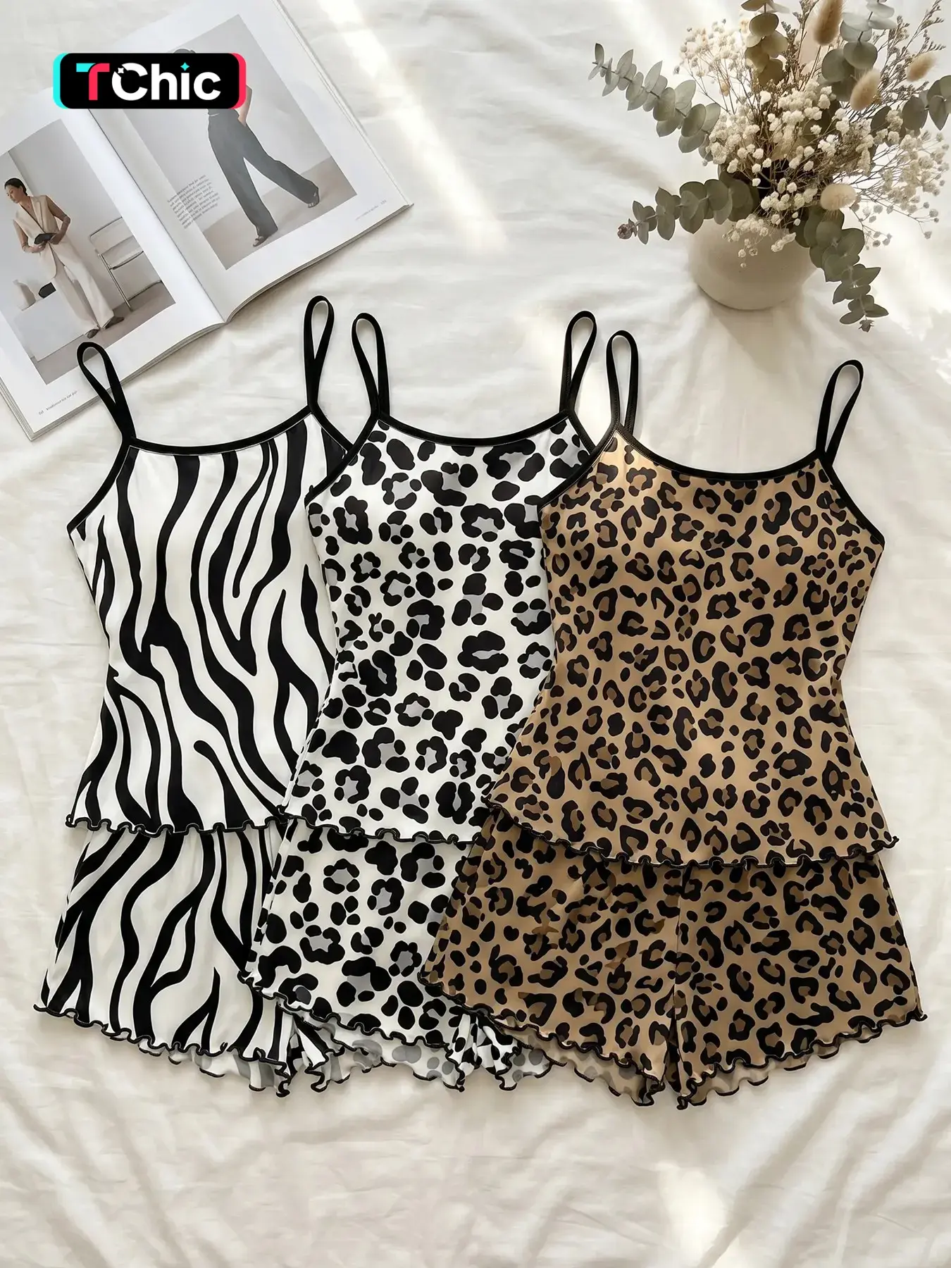 Women's 3 Pack Cami Top Spaghetti Strap and Shorts Pajama Set, Camisole Sets, Spring Summer Wear, Sweet Edgy Leopard Zebra Print Ruffle Hem, Sweet Wild Style, Unique Casual Sleepwear