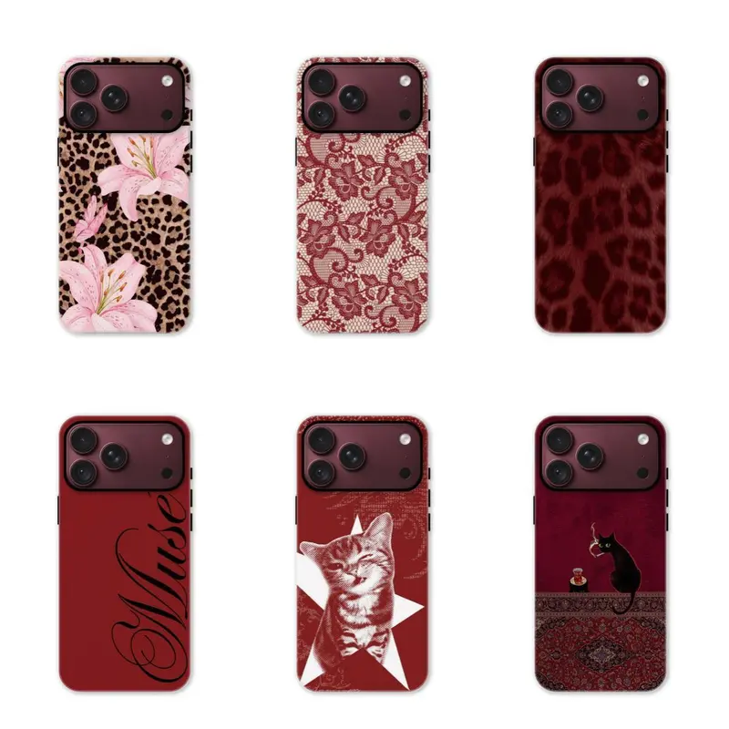 Retro Burgundy Dark Coquette Vintage Pattern 2-in-1 MagSafe & Non-MagSafe Film Smartphone Case, Shockproof Dual-Layer TPU Casing with Leopard Lace Floral Cat Design, Phone Accessories for iPhone 13/14/15/16/17/18 Pro, Pro Max (Offers Protection)