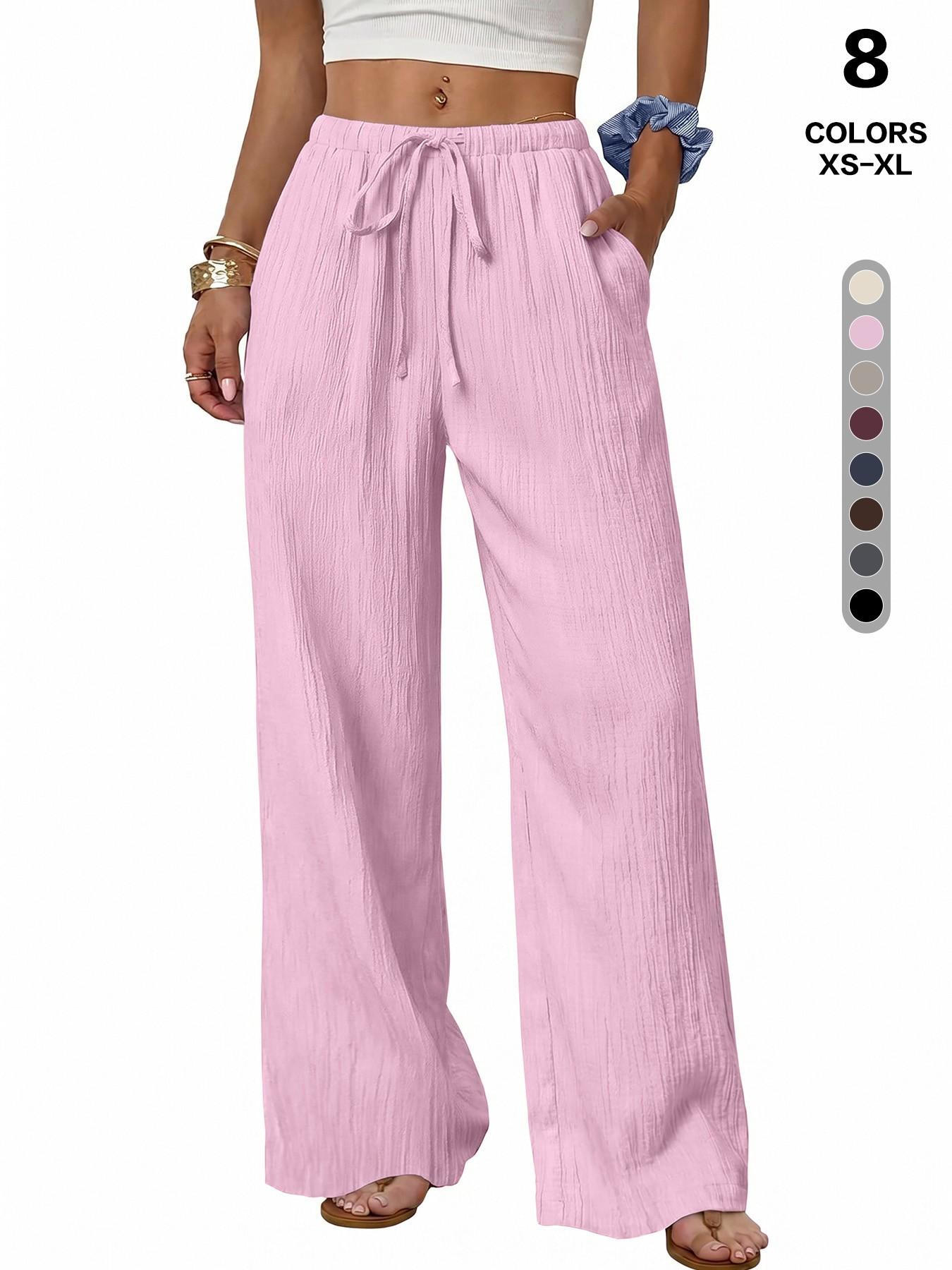 Women Casual Crinkle Fabric Loungewear Wide Leg Baggy Oversized Pants, High Waist Drawstring Loose Fit, Side Pockets, Breathable Soft, 8 Colors, XS-Xl