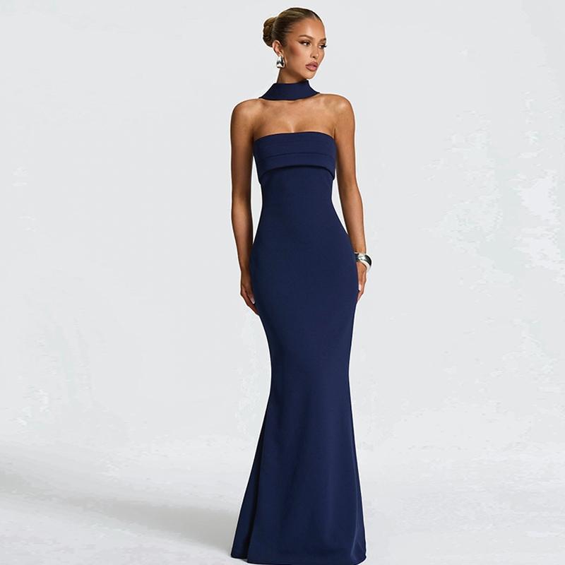 Women‘s Black Tie-neck Dress, Solid Ruched Sleeveless Strapless Backless Tube Dress & Halter Neck Scarf Ribbon Two-piece Set, Plain Back Zipper Maxi Long Dresses, Sexy Cocktail Party Club Date Evening Gown Wedding Guest Mermaid Dress Outfit For Ladies