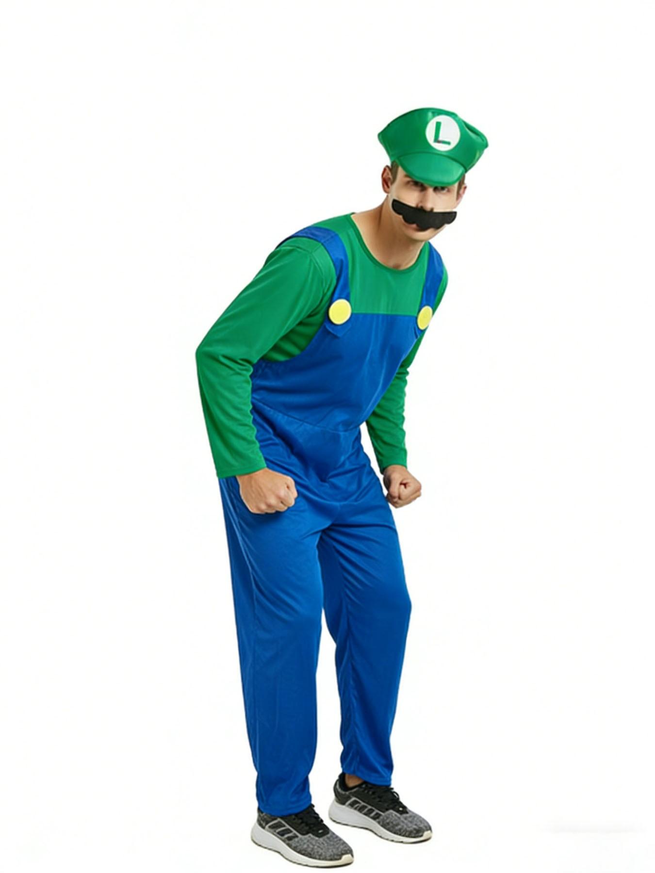 Adult Men's Luigi Game Brothers Dance Costume Set, Halloween Party Onesie Gift, Super Bros Role Play, Long Sleeve Fitted Cartoon Pattern