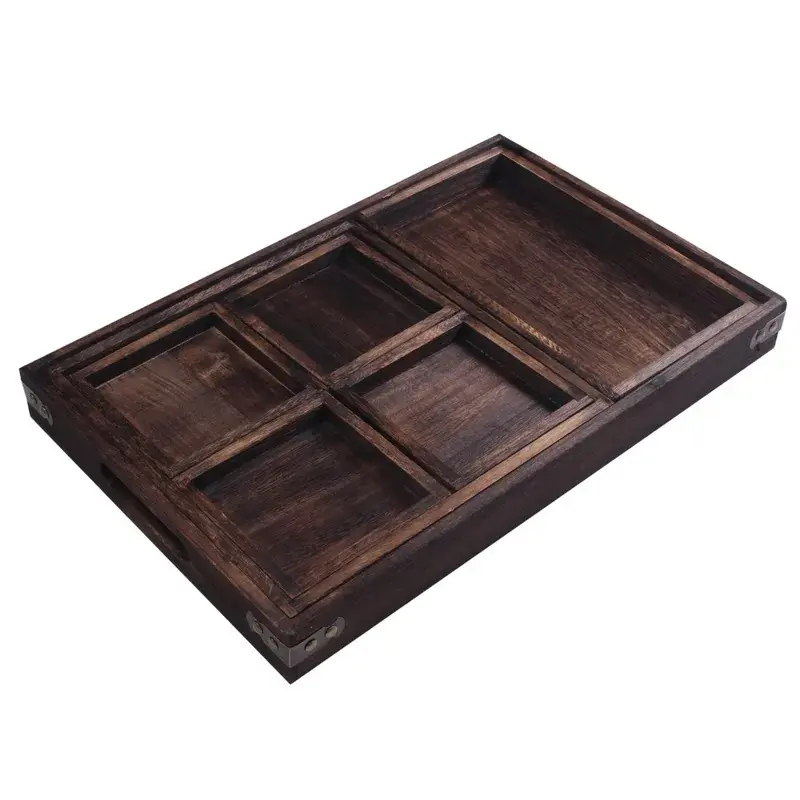 7-Piece Wooden Serving Tray Set – Rustic Tea & Snack Platter for Home, Hotel, Breakfast, Dessert, Coffee – Versatile Food Storage & Serving Board Coasters Tableware
