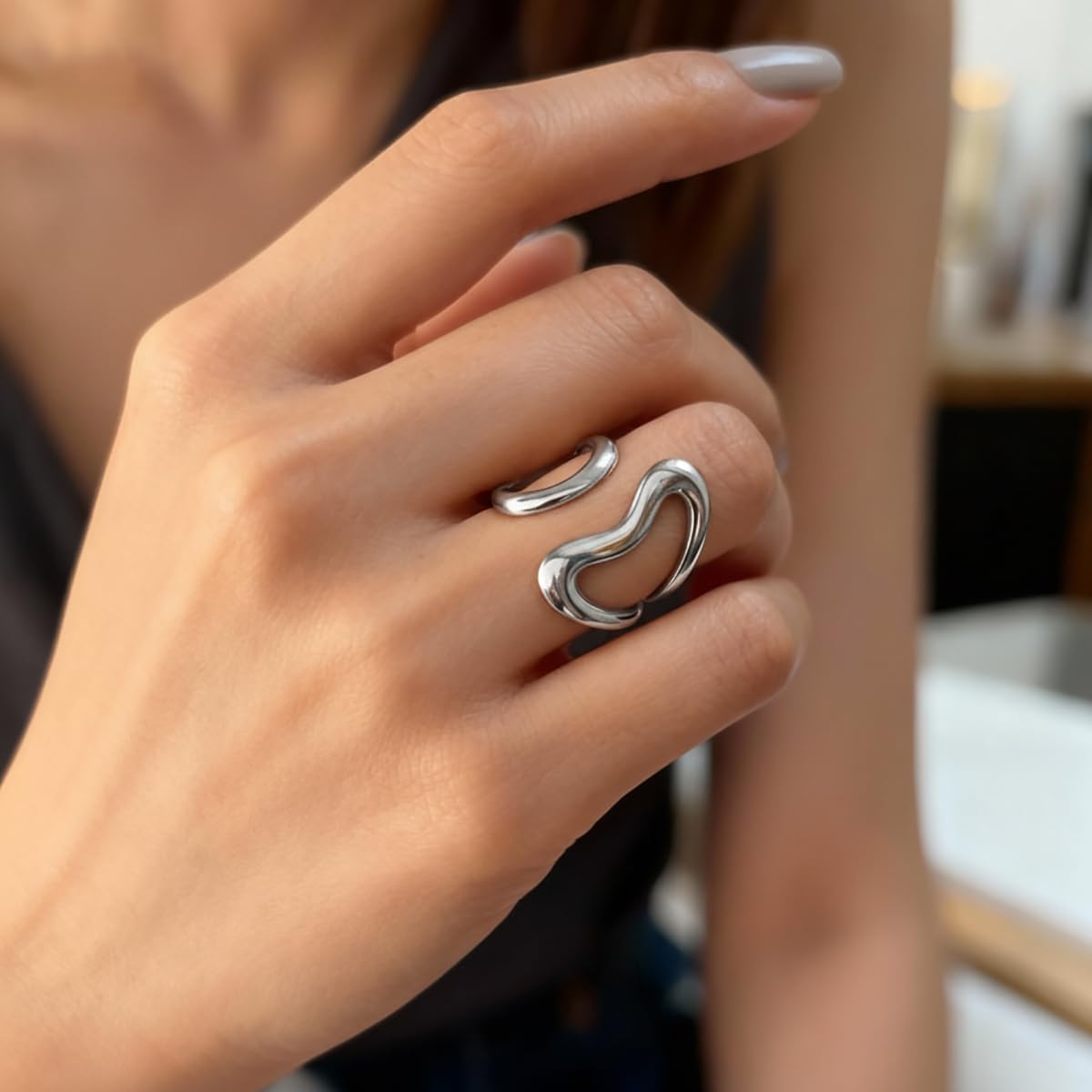 Thumb Rings for Women Non Tarnish, Chunky Rings for Women  Wavy   Cool Ring Adjustable Dainty Stainless Steel Christmas Birthday