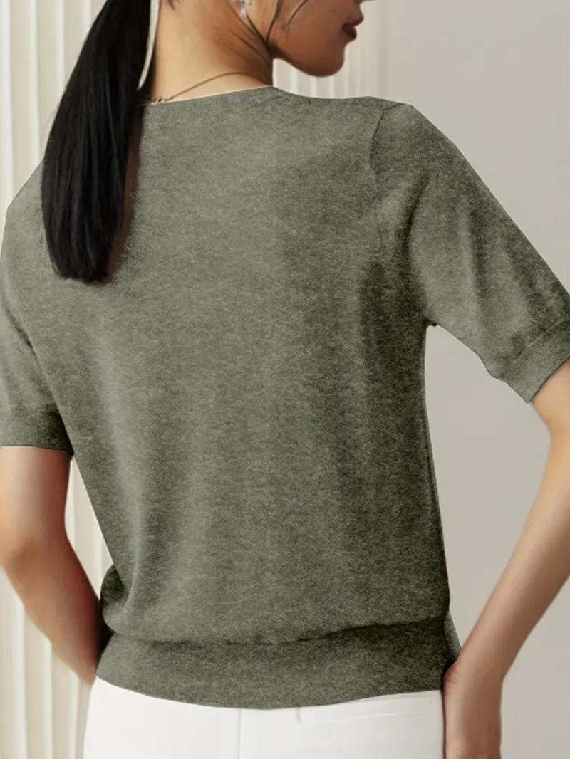 Women's Solid Color Crew Neck Short Sleeve Sweater, Casual Basic Knit Pullover for Spring & Fall, Fashion Women's Knitwear for Daily Wear, Womenswear Women's Solid Color Crew Neck Short Sleeve Sweater, Casual Basic Knit Pullover for Spring & Fall, Fashion Women's Knitwear for Daily Wear, Womenswear