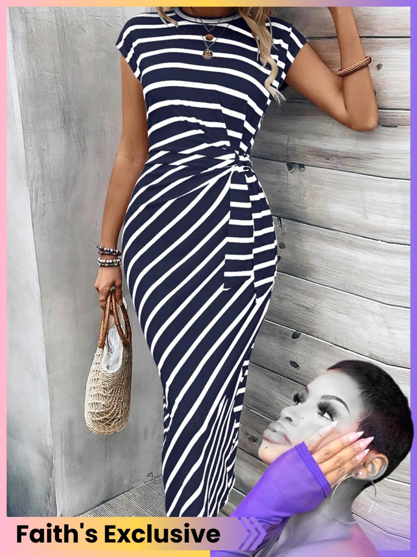 Women's Striped Print Knot Bodycon Dress, Summer Outfits 2024, Elegant Drop Shoulder Short Sleeve Long Dress for Summer, Sundress Maxi Dress, Frenchy Style Ladies Clothes for Beach Holiday