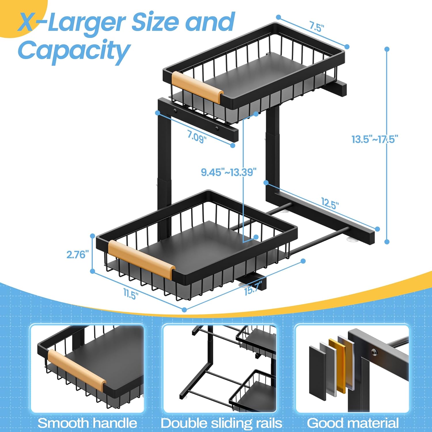 Under Sink Organizer XL Size, 2 Packs 2 Tier Expandable Height (13.5" - 17.5") Under-Sink Organizers Slide out Pull out Bathroom Kitchen Organizers And Storage