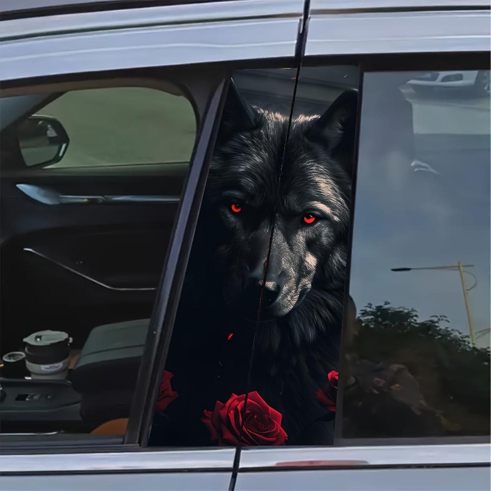 Edgy Tough Guy B Pillar Decal - Black Wolf Rose Red Eyes 3D Realistic Universal Window Pillar Modification Sticker