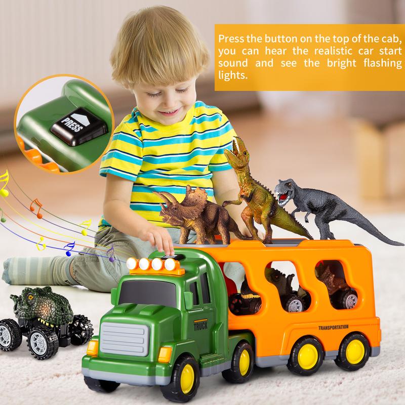 7 in 1 Dinosaur Transport Truck Toy Gifts with Mini Dinosaur lover Figures and Race Cars with Lights and Sounds Educational Play Set for Kids Birthday Christmas