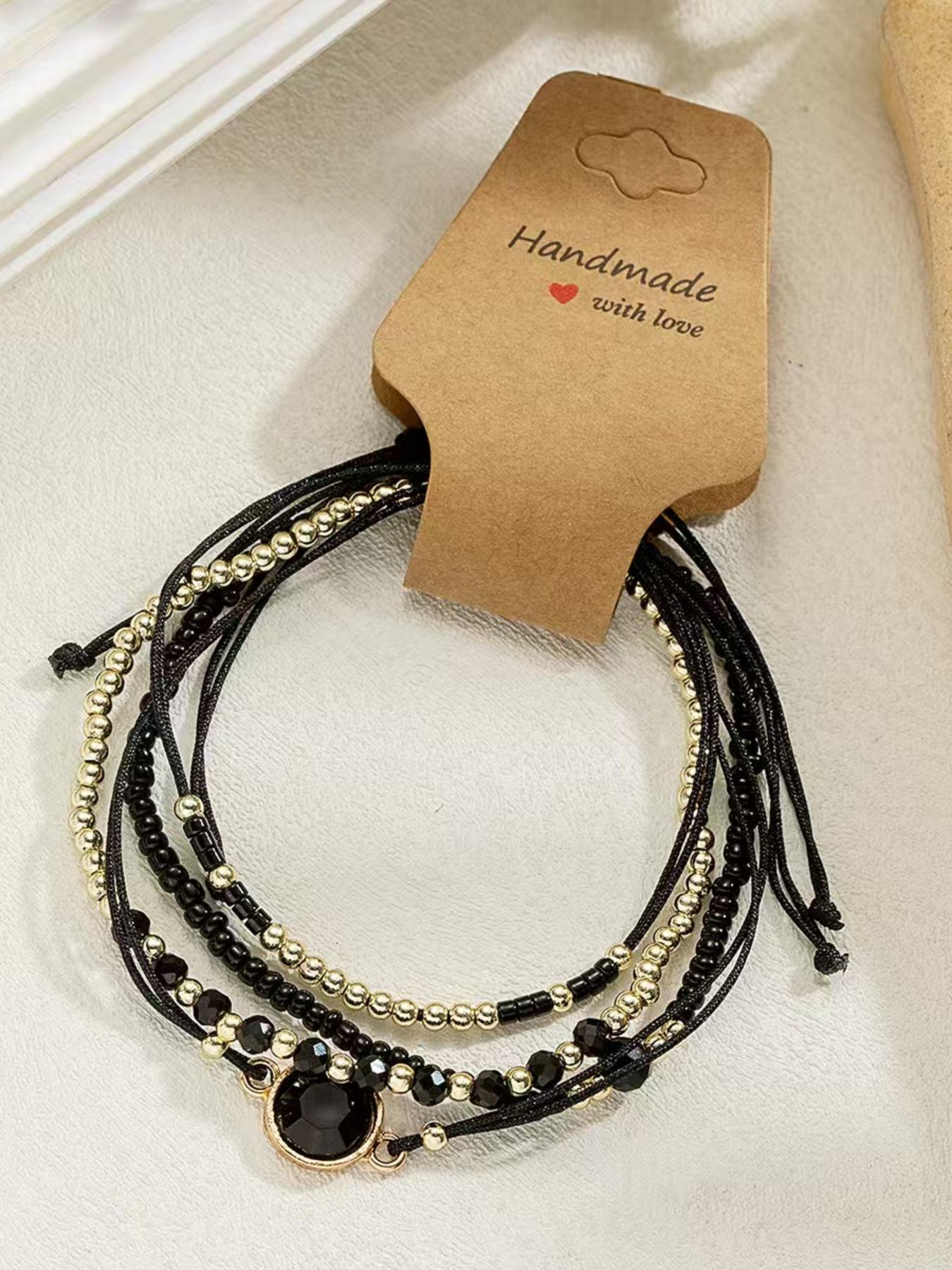 Elegant Geometric Beaded Ankle Bracelet Set, 4-Piece Stretchy Layered Foot Jewelry, Plain Copper Chain, All Seasons Accessory