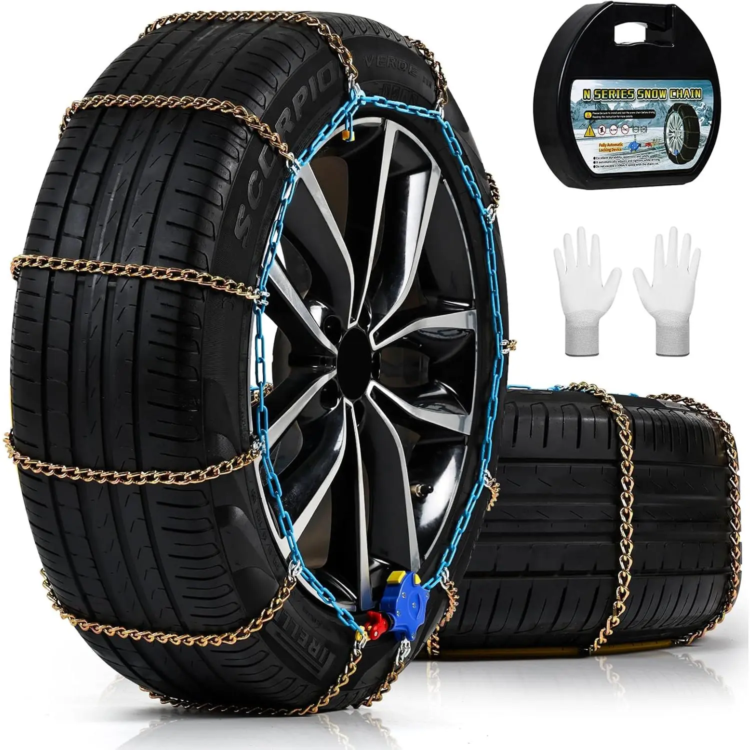ALN110 Size Auto Tightening Tire Chains for Cars, SUVs - 1-Min Easy Install, Reusable Universal Emergency Traction Chains for Pickup Trucks, Set of 2