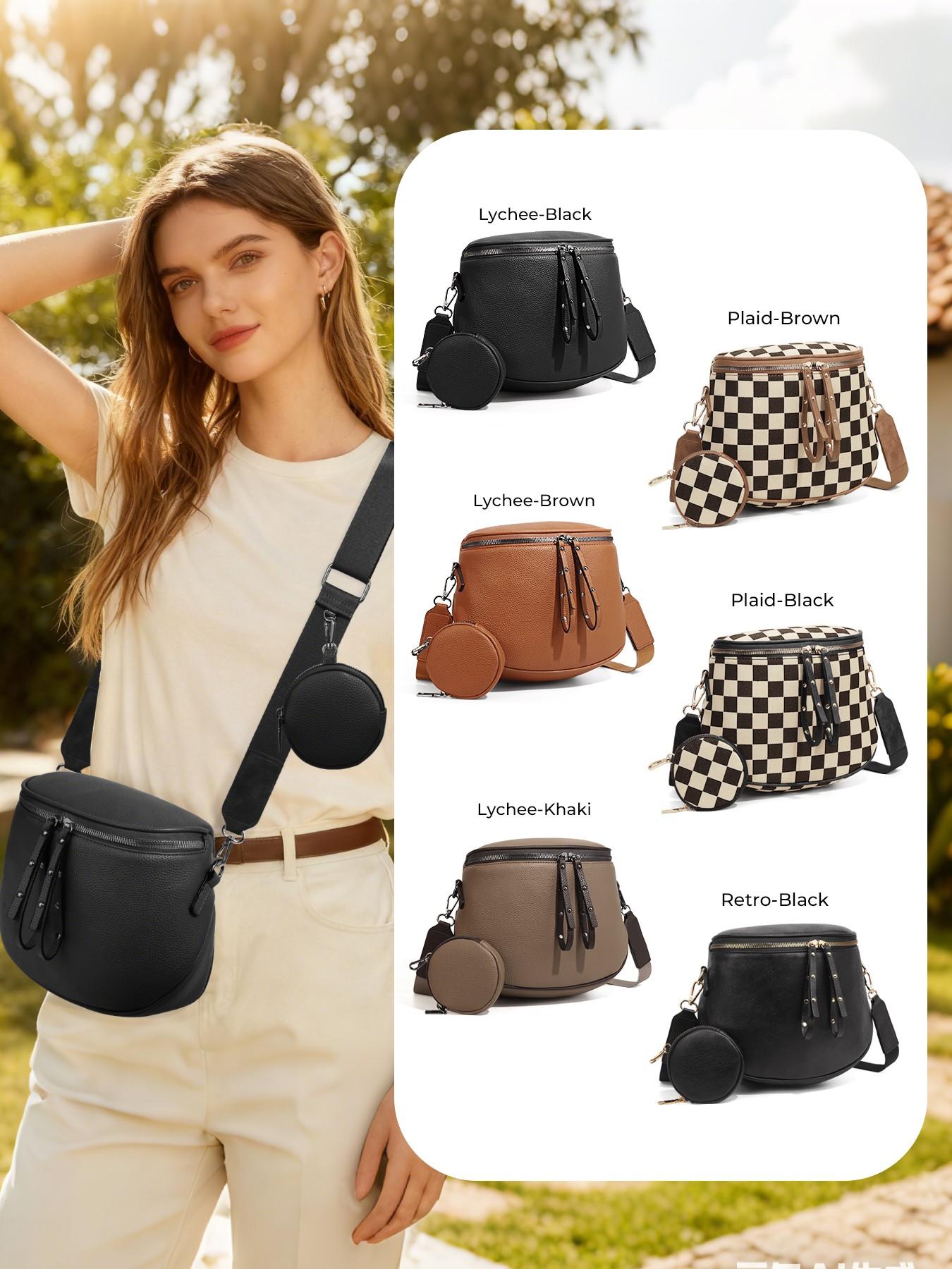Lychee Texture Large Crossbody Bags for Women, PU Leather Bum Bag with Coin Purse, Stylish Checkered Sling Purse with Adjustable Strap, Lightweight Commuting Shoulder Bag Fanny Packs for Mother Travel Gifts Everyday Use