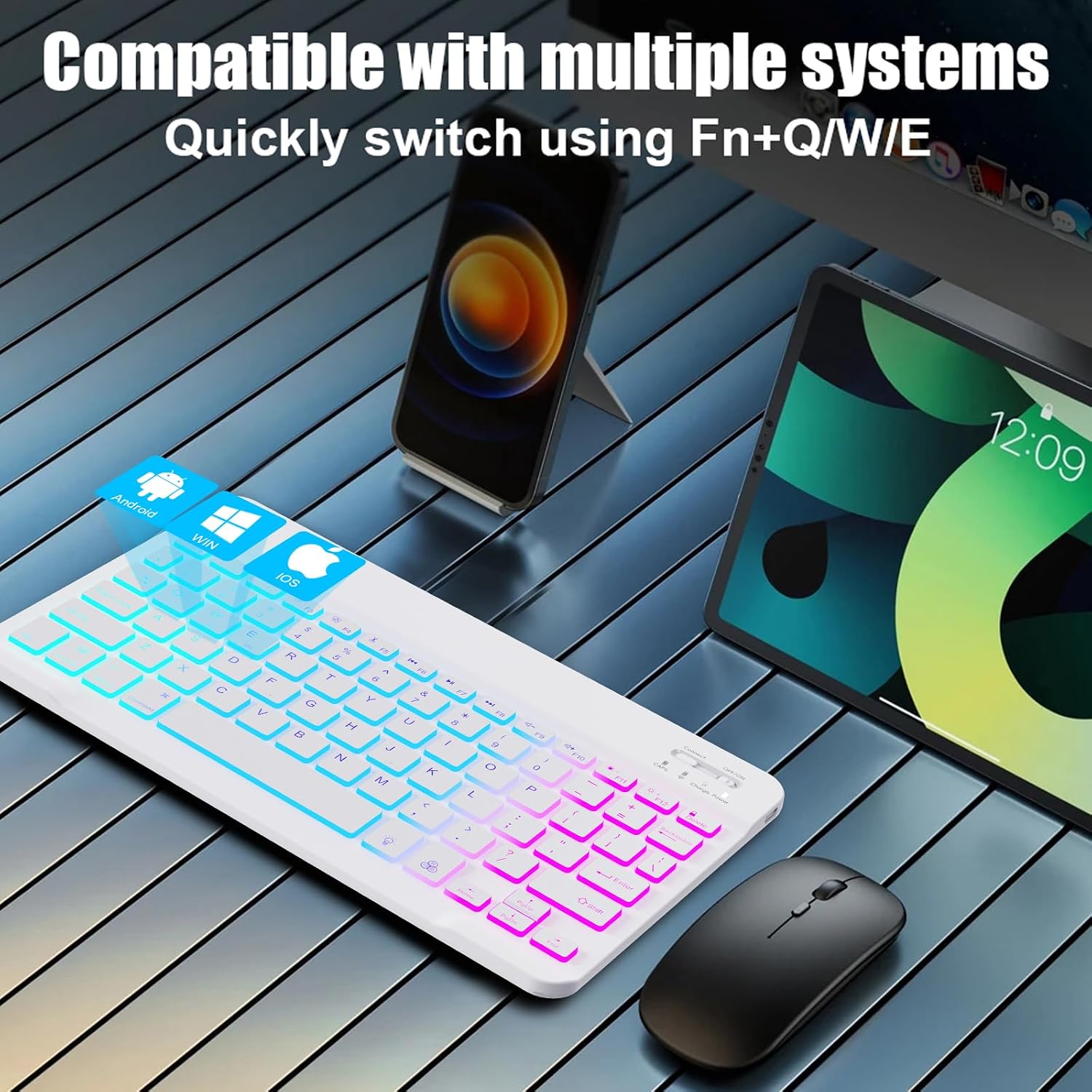 Lightup   Keyboard for iPad Air/Pro/Mini, iPad A17, A16, M2, M3, M4, M5, MacBook, Chromebook etc. Rechargeable Slim Portable, IOS Windows Android Lighting Tablets Keyboard - Black, Accessories, Colorful, Adjustable, Skinny, Commuting, Ios/Win/Andriod, Gal