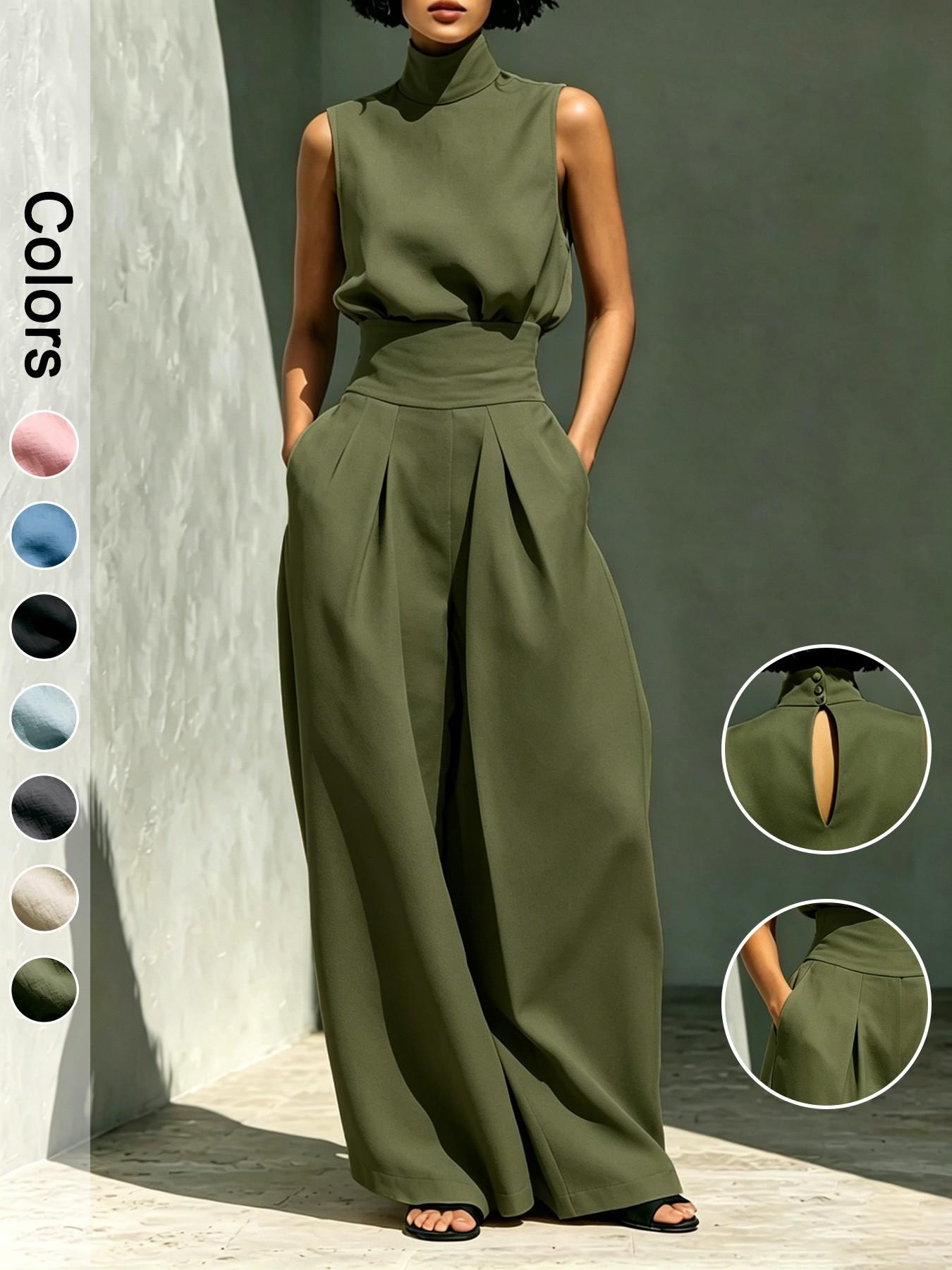 Women's Two-Piece Set, Clothes, High Waisted Sets, High Neck Sleeveless Top and High Waist Long Pants, Elegant Formal Office Wear Outfit