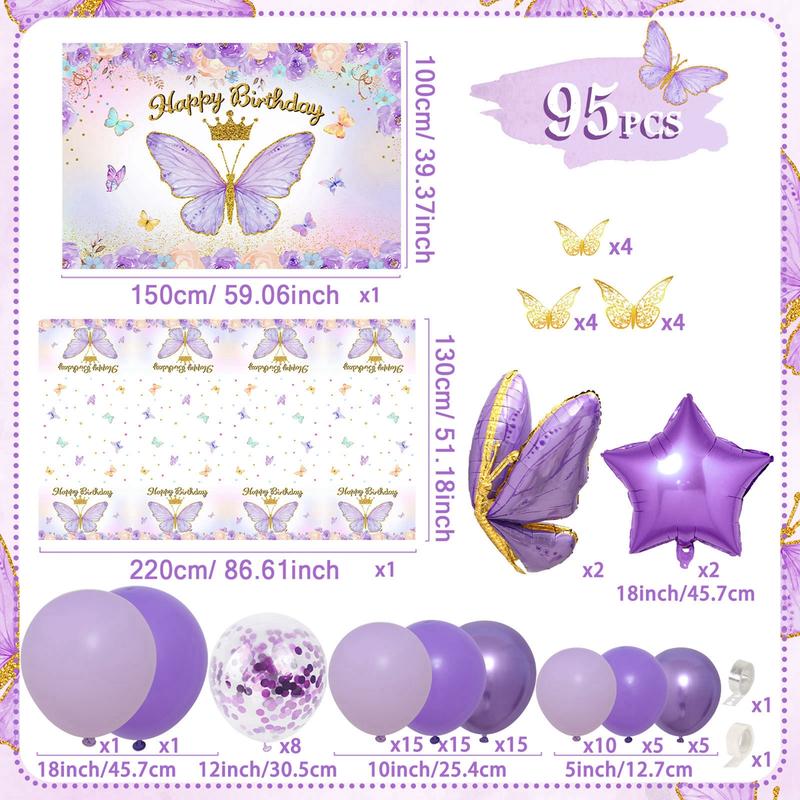Butterfly Birthday Balloon Arch Kit, 95pcs Purple Pink Butterfly Birthday Party Decoration DIY Set, Lavender Balloons Foil Balloons, Happy Birthday Backdrop Tablecloth, Girl's Birthday Party Balloon Garland, Party Supplies, Father's Day Gift