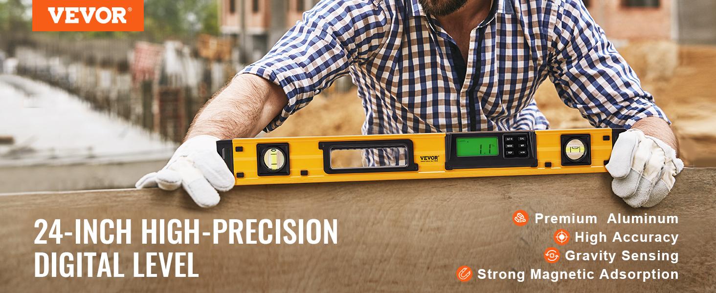 VEVOR Magnetic Torpedo Level, 600mm, LED Backlit Screen Mechanical Bubble Vials Ruler for 0-360 Degree, Gravity Sensor Aluminum Alloy Leveler Tool w/ Viewing Window, Shock-Resistant for Plumbing, Wood