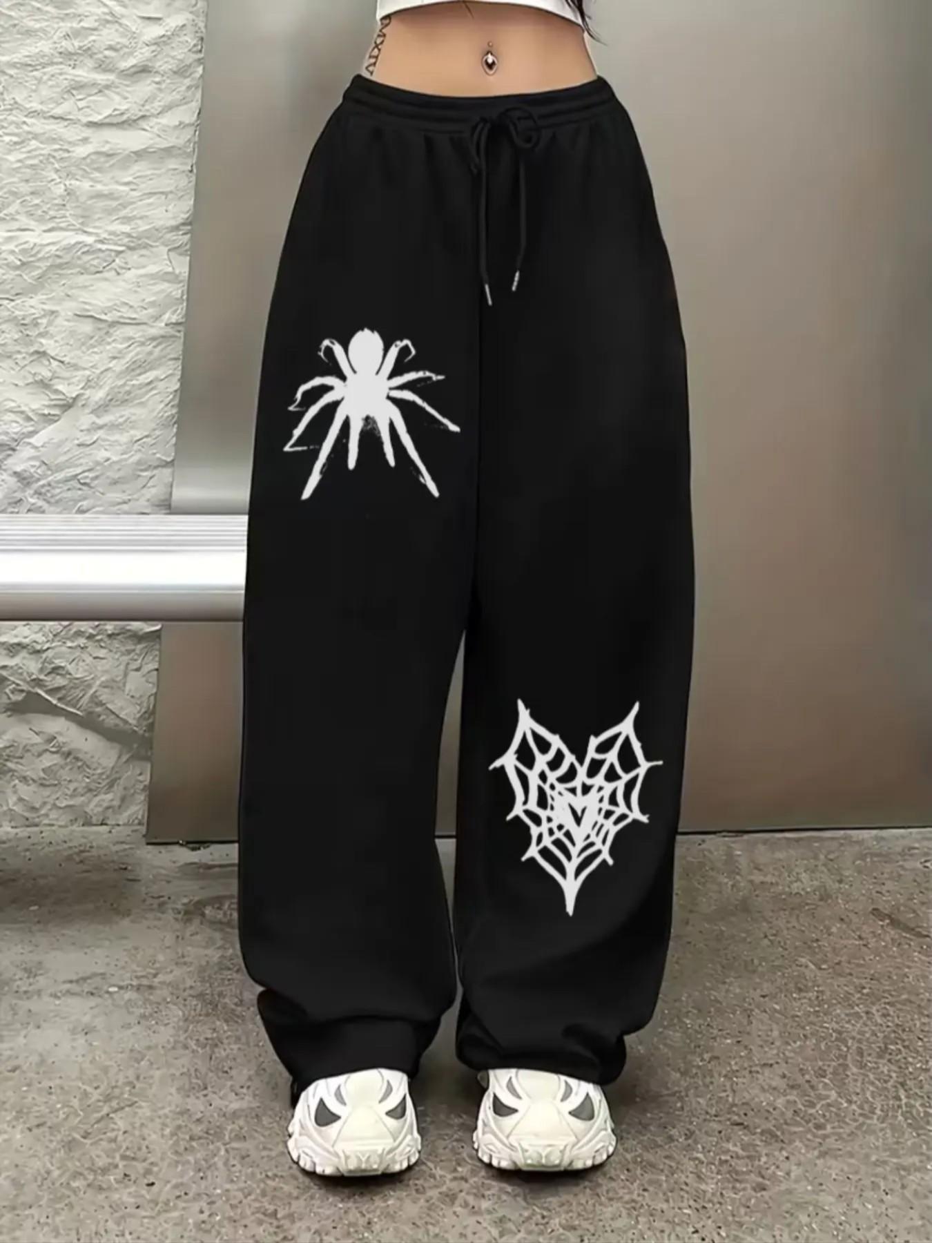 Women's Oversized Spider Web Print Joggers - Y2K Grunge Streetwear Black Sweatpants, High Waisted Baggy Pants, Punk Gothic Casual Lounge Pants for Women