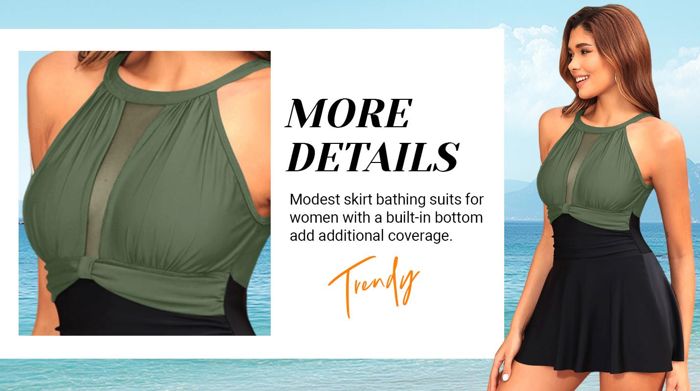 Holipick Womens One Piece Swimsuits with Skirt Tummy Control Swimdresses Modest Bathing Suit Swimming Clothing High Neck Mesh Swimwear